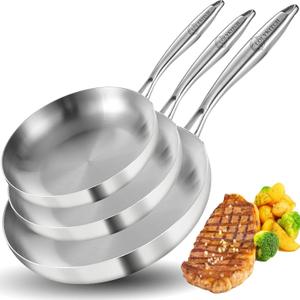 LOLYKITCH 8+10+12 Inch Tri-Ply Stainless Steel Frying Pan Set Professional Skillet Fast & Even Heating, Induction & Oven Safe Cookware for Modern Home Kitchens, Detachable Handle