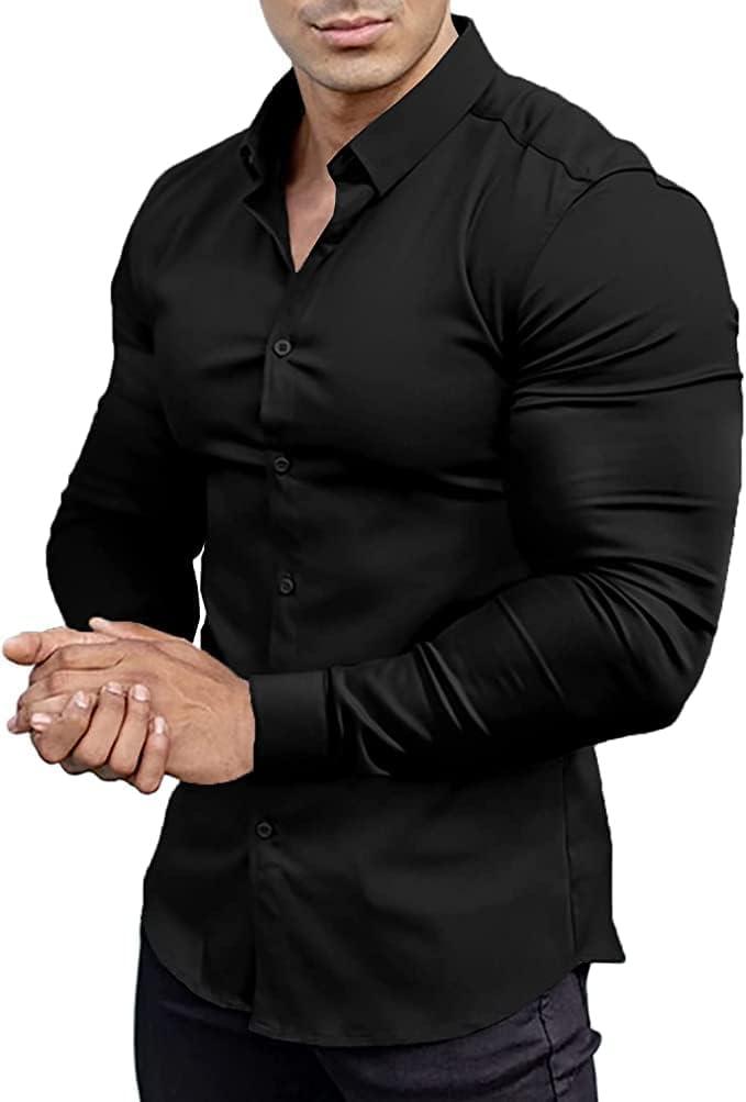 Mens Muscle Fit Dress Shirts Athletic Slim Fit Long Sleeve Stretch Casual Button Down Shirt (2X-Large, Black)