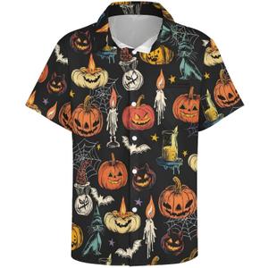 Halloween Button Down Shirt for Men Spooky Pumpkin Skull and Ghost Print Short Sleeve Casual Shirt (M)