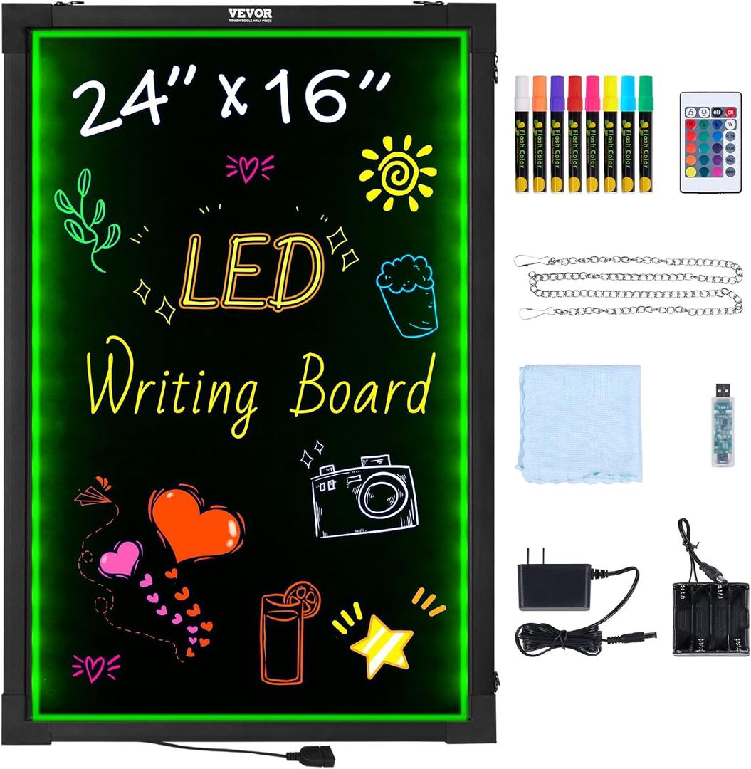 VEVOR LED Message Writing Board, 24"x16" Illuminated Erasable Lighted Chalkboard, Neon Effect Menu Sign Board, Drawing Board with 8 Fluorescent Chalk Markers and Remote Control, for Home Wedding Shop
