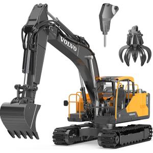 DOUBLE E Volvo 1:16 Scale RC Excavator 3-in-1 Construction Toys with 360 Rotation, Metal Shovel, Drill & Grabber Professional Grade Remote Control Engineering Vehicle, 27.17 inches