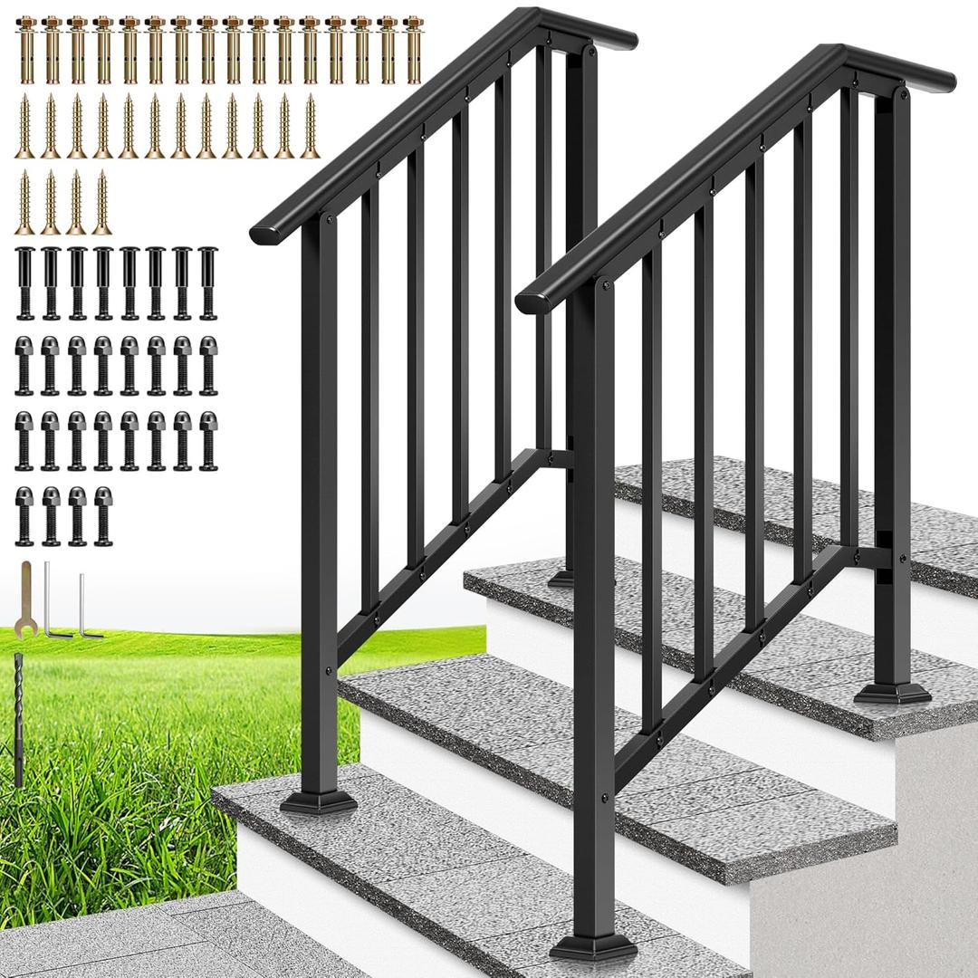 VIVOHOME 2-Pack 3 Step Galvanized Steel Hand Rails for Outdoor Steps  Black Oval and Safety Balusters Exterior Railing for Porch, Deck, or Indoor Stairs, Complete Installation Kit