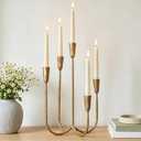 Denique 5-Arm Cast Iron Candelabra with LED Flameless Taper Candles and Remote, Tall Metal Vintage Candle Holder Centerpiece for Dining Table, Wedding and Event Decor, Gold