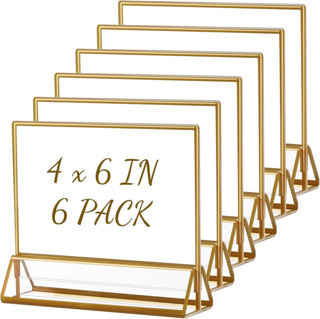 Boxalls Acrylic Sign Holders 4x6 in Gold, 6 Pack Picture Frame Table Number Wedding Holder, Horizontal Photo Stand Double Sided, Menu Recipe Restaurant Reserved Display Centerpieces Bulk Frames