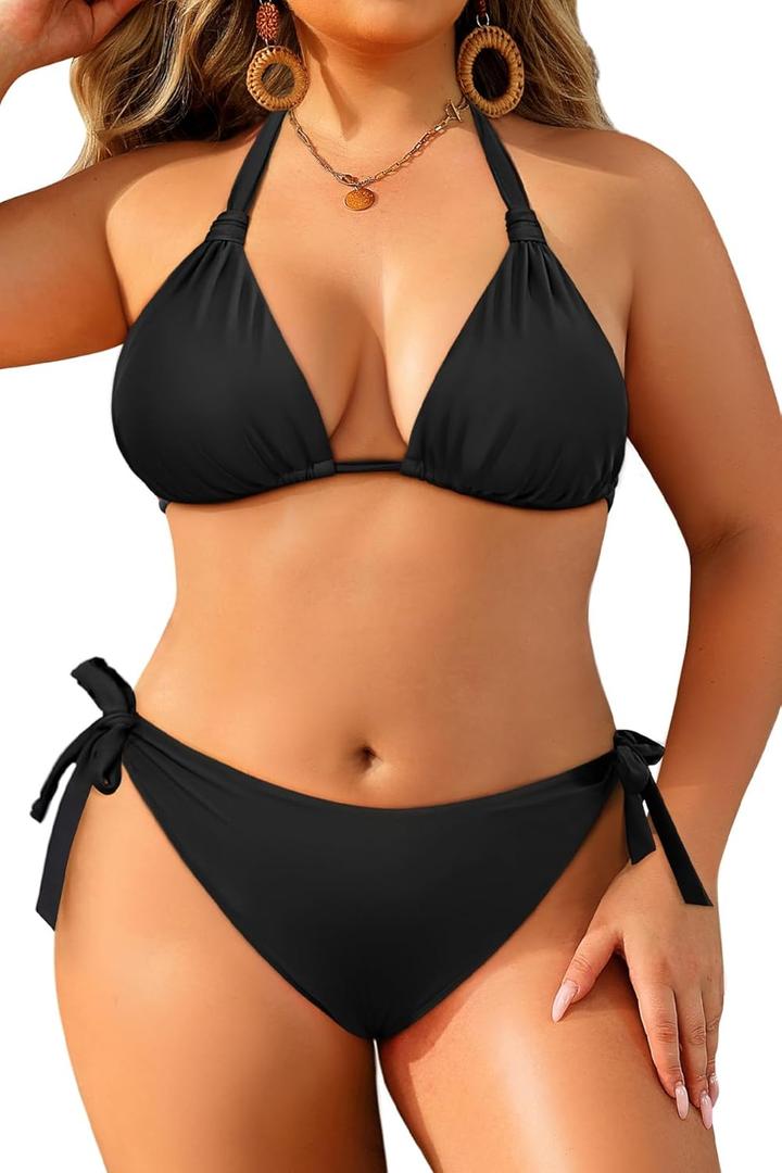 Women Plus Size Bikini Set - Two Piece Triangle Swimsuits Halter String Bathing Suit 2025 Tie Swimwear Black 20 Plus