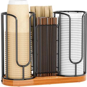 Coffee Cup and Lids Holder - Disposable Cups Straws Organizer with Wooden Base - Paper Plastic Cup Holder Dispenser Storage for Countertop Coffee Station Bar Restaurant Office Breakroom Shop Kitchen