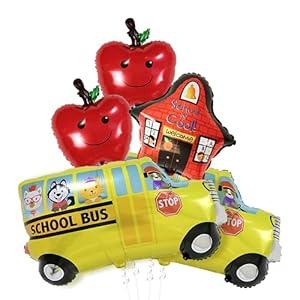 Big, Back to School Balloons Set - Pack of 5 | Back to School Decorations with School Bus Balloon, School is Cool Balloons, Apple Balloons | School Bus Decorations | Back to School Party Decorations