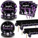 Justforjoyful 98 PCS Purple Birthday Party Supplies Purple Black and Sliver Paper Plates Napkins Tablecloths Purples Dinnerware Table Cover for Women Girl Men Birthday Party Decorations for 24 Guests