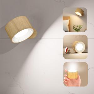 LED Wall Sconce, Wall Mounted Lamp with Rechargeable Battery Operated USB Port 3 Color Temperature & 3 Brightness Level 360° Rotate Magnetic Ball, Cordless Light for Reading Bedside-Wood