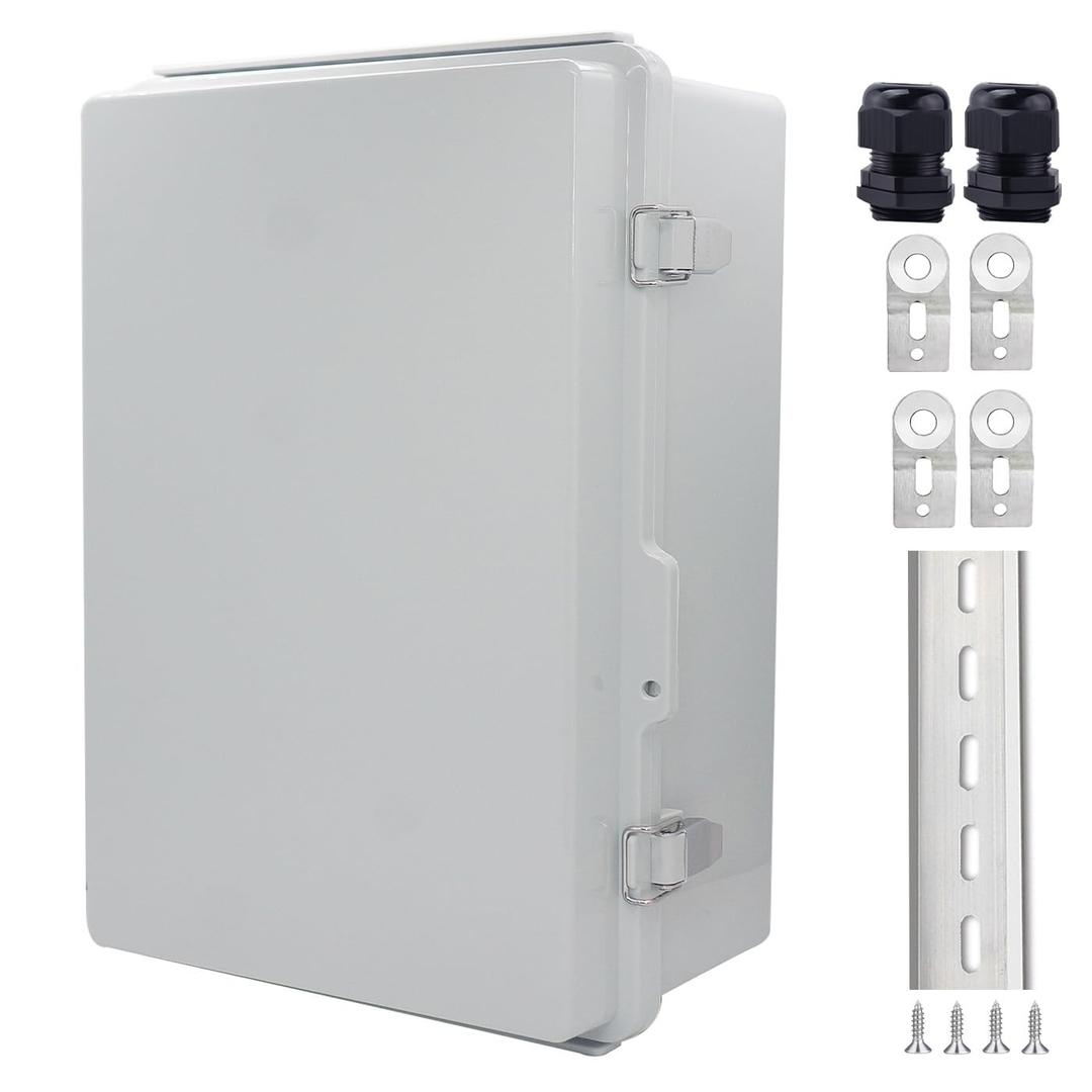 IP67 Waterproof Junction Box, ABS Plastic Electrical Enclosure with Stainless Steel Latch, Hinged Cover Electric Box with Mounting Plate, Wall Brackets & Cable Glands 350x250x150
