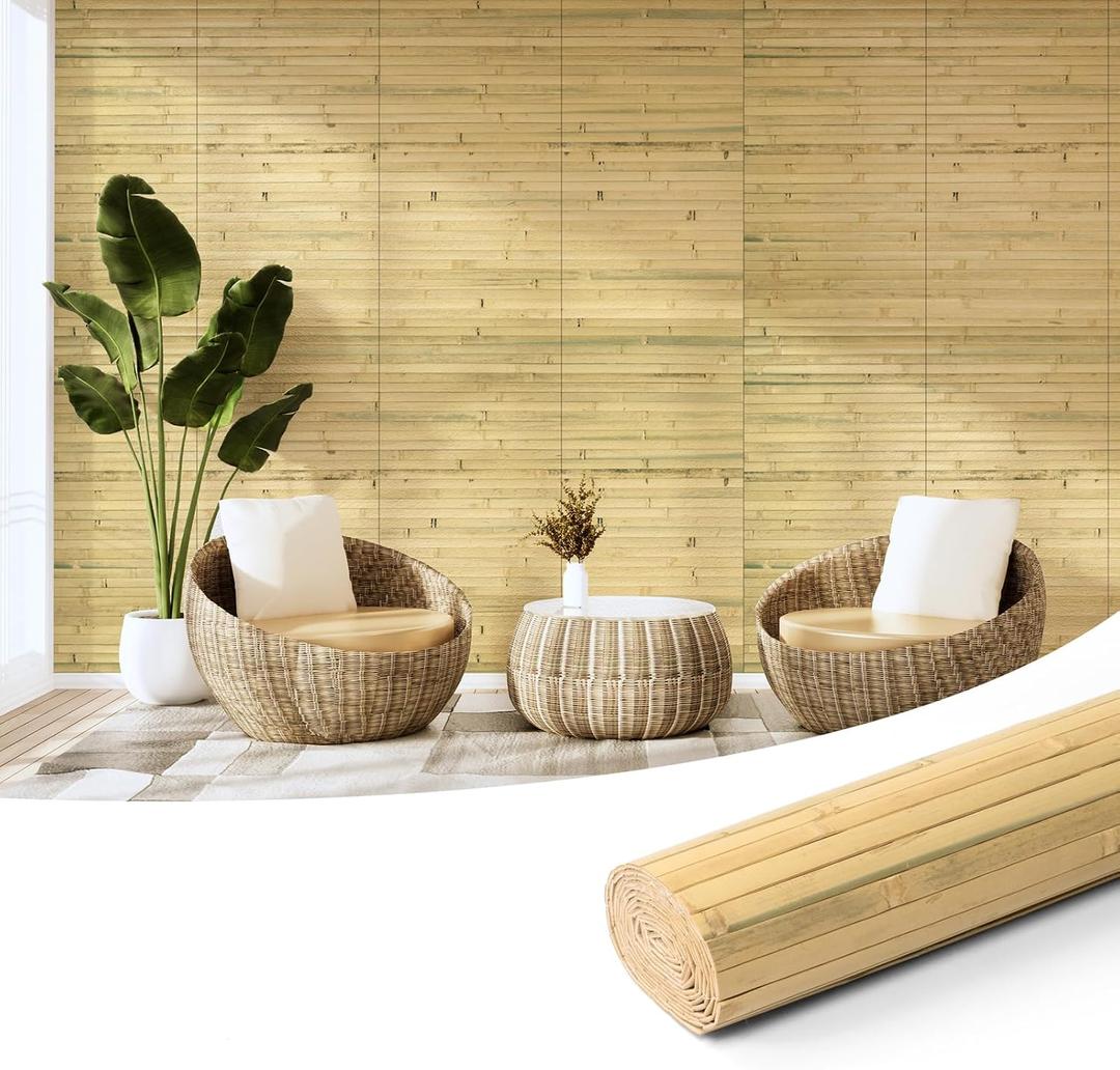 Art3d Natural Bamboo Wall Panel for Interior Wall Decor, Renewable Pole Wrap Wainscoting Paneling for Wall Ceiling Furniture Cabinet Office, 12 x 96 Inch - Natural, 1-Pack