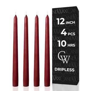 CANDWAX 12 inch Burgundy Taper Candle Pack of 4 - Unscented Smokeless Dripless Candlesticks - Candle Sticks for Party Décor, Christmas Home Decor, Dinner Table Centerpieces - Christmas Taper Candles