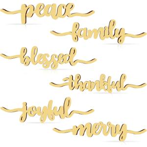 12 Pieces Christmas Thankful Blessed Merry Joyful Peace Family Wood Cutout Rustic Thankful Plate Letter Sign Decor Inspirational Letter Wood Sign for Home Table Plates Table (Natural Color)