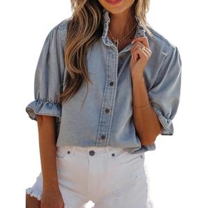 Deer Lady Womens Denim Shirt Bow Tie Front Tops Puff Sleeve Blouses Babydoll Peplum Summer Trendy Crewneck Shirts M