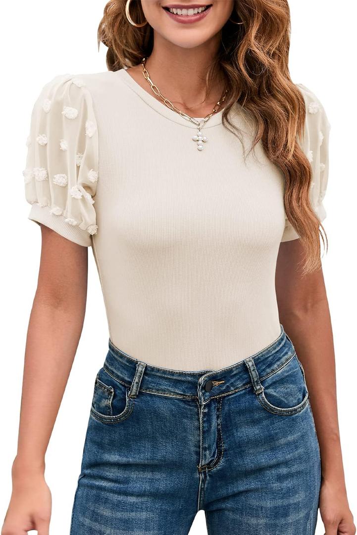 MIRALUNA Women's Round Neck Slimming Swiss Dots Mesh Puff Sleeve Bodysuit Blouse Casual Ribbed Knit Jumpsuit Shirts Tank Tops, Medium