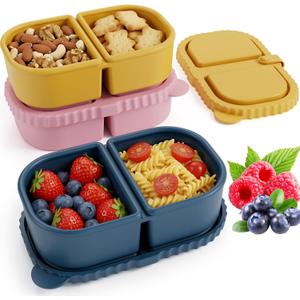 3 Pack Reusable Silicone Snack Containers with Lids, 8.5oz 2 Compartment Snackle Box Containers, Ideal Portable Small Snack Pack Containers for School, Office and Picnic (Blue, Pink, Yellow)