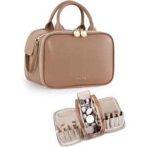 Prite Makeup Bag for Women, Large Capacity Waterproof Travel Cosmetic Organizer, Portable Open Flat Toiletry Bag with Free-standing Brush Holder and Handle(Brown Large)