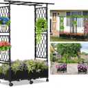 FOLLOOK Planter Box with Trellis Outdoor, 53.1in Plastic Raised Garden Bed with Trellis Hanging Roof for Vine Flower, with Lockable Wheels & Drain Plug for Patio Backyard Balcony, Black, 1 Pc