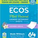 ECOS Laundry Detergent Sheets Vegan, No Plastic Jug, No Mess, Liquid Free - Hypoallergenic, Plant Powered Laundry Detergent Sheet - Lavender Vanilla - 64 Count (Pack of 1)