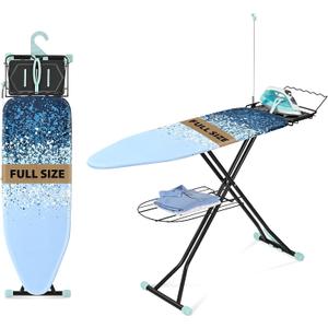 APEXCHASER Full Size Ironing Board,15x45 Metal Panel Iron Board with Iron Rest, Heat & Scorch Resistant Cover, Adjustable Height Heavy Duty Ironing Board with Germent Rack, for Home, Dorm, Ligh Blue (14x54inch)