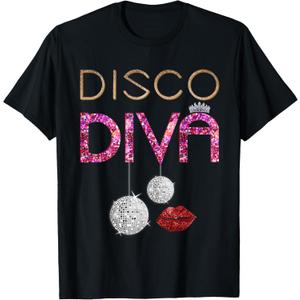 Disco Diva Ladies Disco Gold Ball Silver Red Lips T-Shirt, Medium