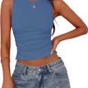 PRETTYGARDEN Women Going Out Tops Summer Clothes 2025 Trendy Split Hem Ruched Sleeveless Shirt Cute Y2K Tank Top (Blue, XXL)
