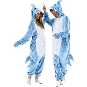vavalad Shark Onesie Adult Shark Halloween Costumes Cosplay (Large, Blue Zipper)