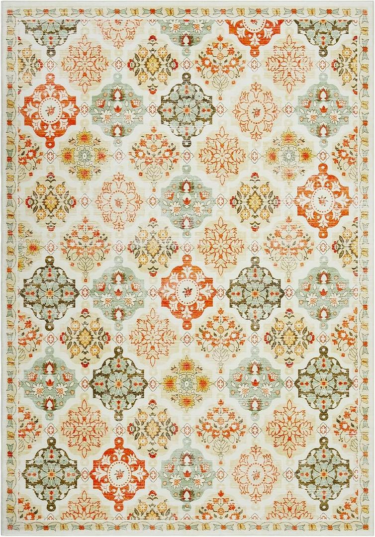 GarveeHome Boho Floral Checkerboard Washable Area Rug, Rug for Bedroom Living Room, Non-Slip Oriental Accent Throw Carpet for Kitchen Office Entryway Bathroom Office Orange 10 * 13 ft(305 * 396 cm)