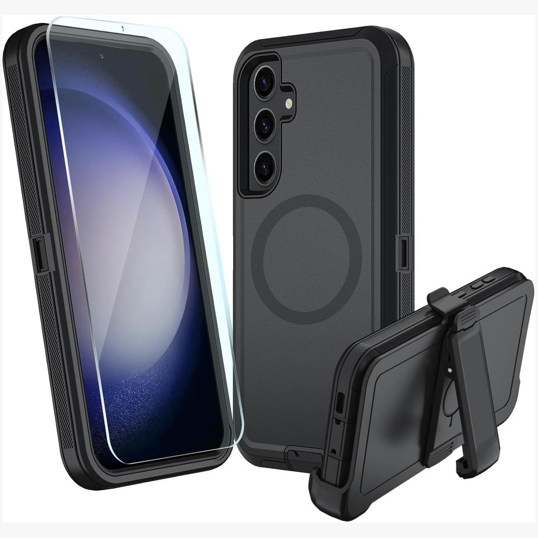 Magnetic Case for Galaxy S24 5G case,Samsung S24 Heavy Duty case,[Military Grade Protective ],[Shockproof] [Dropproof] [Dust-Proof], (with Belt Clip, Black-MAG)