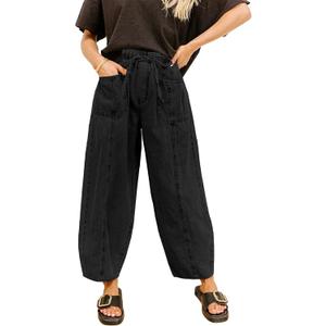 Sidefeel Womens Baggy Wide Leg Jeans Elastic Waist Drawstring Front Seam Ankle High Waisted Barrel Jeans, Size 12