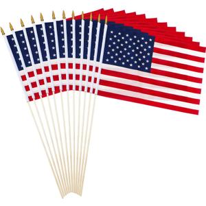 Anley Pack of 12 US National Stick Flag - 18" x 12" Handheld America Gravemarker Stick Flags - July 4th Decoration, Veteran Party, Grave Marker, etc. - 30" Solid Wooden Flag Pole with Spear Top (1 Dozen)