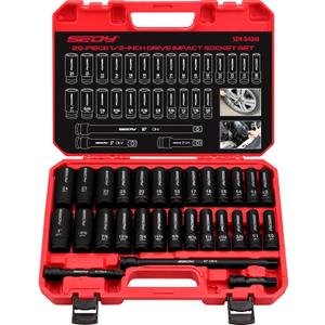 29-Piece 1/2" Drive Impact Socket Set, SAE (3/8 to 1 inch) and Metric (10-24mm) Sizes with Extension Bars Standard Deep Socket Set CR-V Material High Durability Impact Wrench