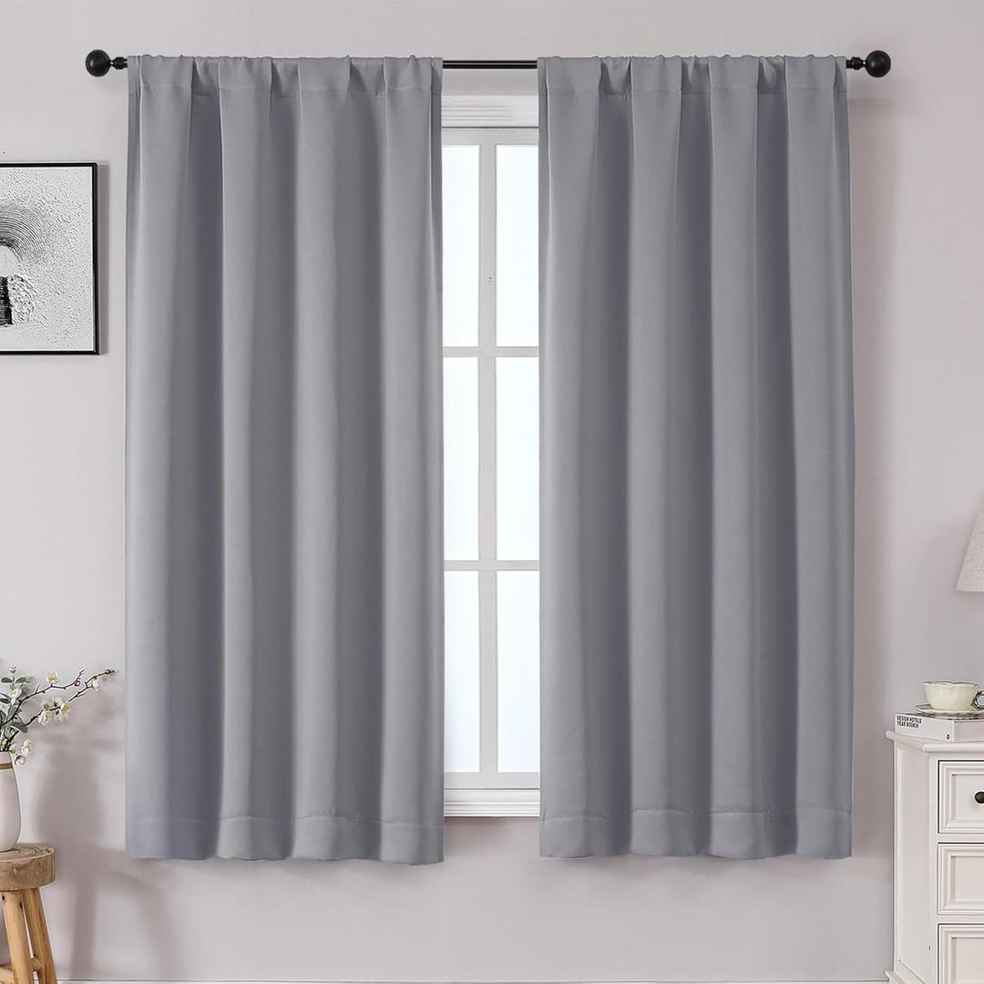 OWENIE Sally Silver Grey Blackout Curtains for Bedroom 63 Inch Length 2 Panels Set, Solid Thermal Insulated Room Darkening Rod Pocket Window Treatment Curtains Blackout Drapes, W40 x L63 Inch, Silver