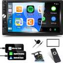 UNITOPSCI Double Din Apple CarPlay Car Stereo, Android Auto Car Audio Receiver 7 Inch Touch Screen with Backup Camera Bluetooth Mirror Link FM USB AUX SD Input Media MP5 Player + Frame Remote Control