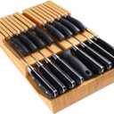 HHXRISE Knife Drawer Organizer, Bamboo In-Drawer Insert Knife Block Holds 16 Knives (Not Included) + Sharpener Slot, Detachable Washable Holder for Kitchen Knives Storage