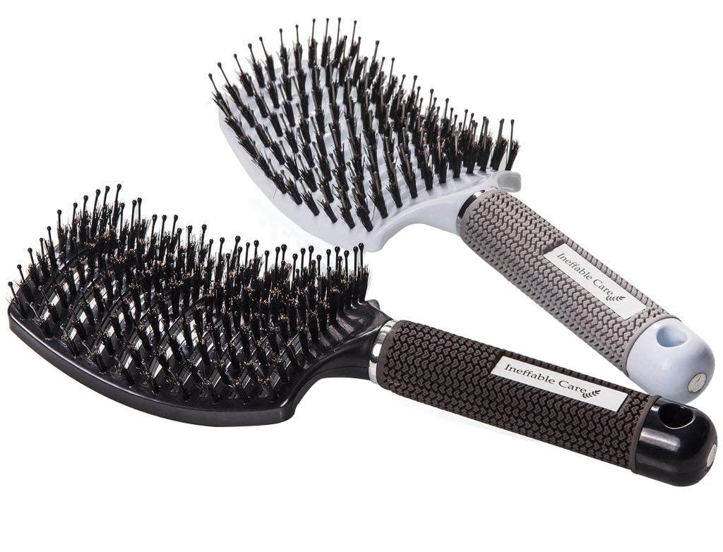 Boar Bristle Hair Brush set  Curved and Vented for Wet and Dry Detangling Hair Brush for Women Long, Thick, Thin, Curly & Tangled Hair Vent Brush - Stocking Stuffers Gift kit (Black & White)