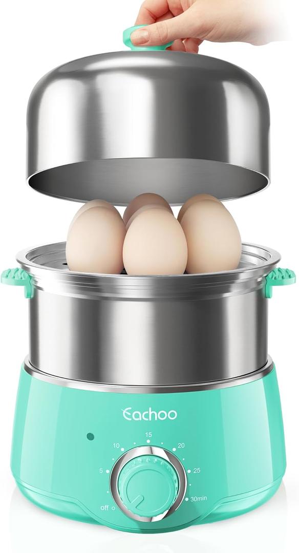 Hard Boiled Egg Cooker - CACHOO 14-Egg Rapid Stainless Steel Egg Boiler with 30-Min Timer & Auto Shut Off, Compact Electric Vegetable Steamer for Cooking, Dishwasher Safe, Aqua (2-Tier)