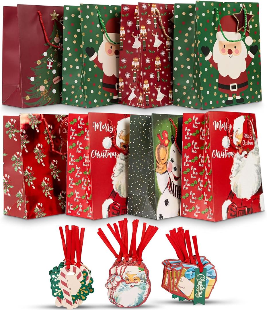 VOTUM 24pc Christmas Gift Bags with Handles + 60pc Holiday Gift Tags- Bulk Set for Wrapping Christmas Gifts, Party Favors, & Shopping  Festive Designs, Durable Paper Bags for Presents (Traditional)