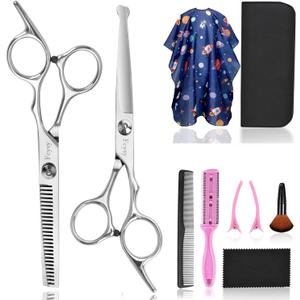 Hair Cutting Scissors Kit for Kids, Fcysy 6 in Children Safety Round Tip Haircut Trimming Scissors Thinning Shears Set, Barber Supplies for Toddlers, Boys & Girls Home Use Grooming Kit (10pcs Silver)