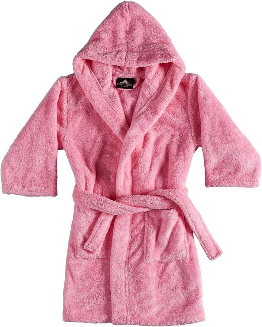 BAGNO MILANO Hooded Plush Fleece Bathrobe, Ultra Soft Cozy for Boys, Girls (Pink)Size: 5-6 Years