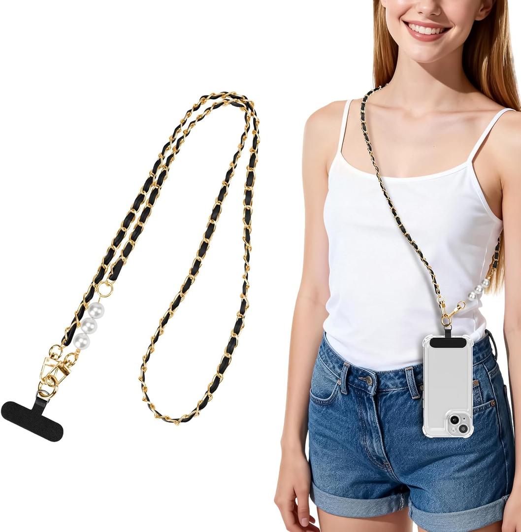 2 x Yojaro Mobile Phone Crossbody Chain, Universal Phone Lanyard With Pearl And Lanyard Tags, Stylish Hands-Free Suitable For Most Smartphones (Black)