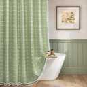 Sage Green Shower Curtain Farmhouse Cotton Texture with Embroidered Plaid Pattern and Boho Tassels for Bathroom,72" W72" L