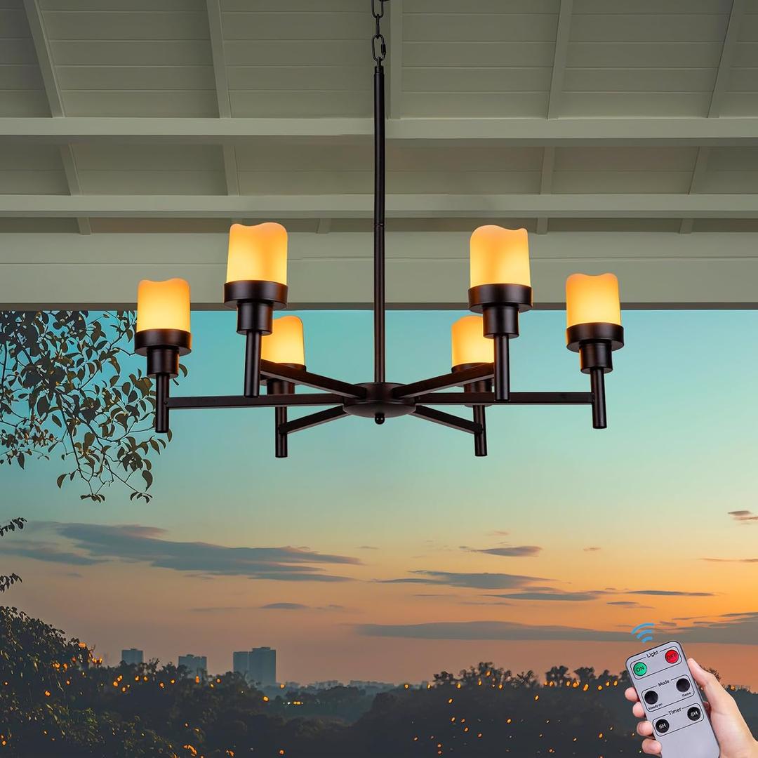 Battery Operated Chandelier, Outdoor Hanging Candle Lights Battery Gazebo Lights, Outdoor Chandelier for Gazebo, Canopy, Pergola, Porch, Tent Decor (6), Extra Large