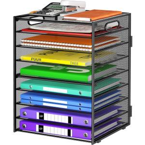 Cawukege 9 Tier Paper Organizer with Handle, Black Large Capacity Desk Organizer Mesh File Folder Letter Paper Tray Desktop Document Sorter for Classroom, School, and Office Accessories Organization (1 Pack - Black)