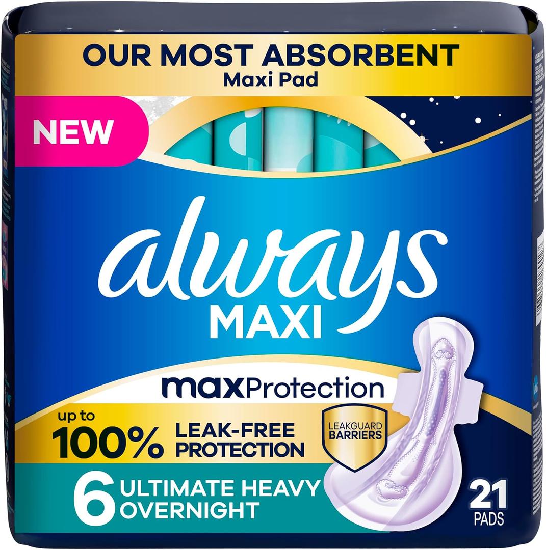 Always Maxi Overnight Feminine Pads with Wings for Women, Size 6, Ultimate Heavy Overnight Absorbency, Unscented, Up to 100% Leak-Free Protection
, 63 Count