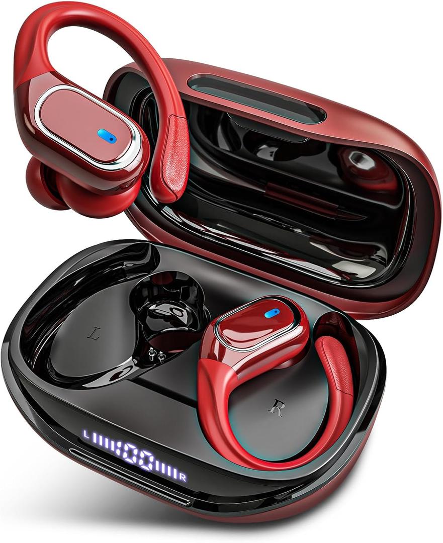 Wireless Earbuds Bluetooth Headphones 80Hrs Playtime Ear Buds IPX7 Waterproof Sports Earphones Wireless Charging Case Over-Ear Earhooks Headest - Coke Red