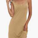 Slip for Women Under Dress Satin Silky Sleepwear Sexy Lace Trim V Neck Tank Nightgown Cooling Feel, Beige, L