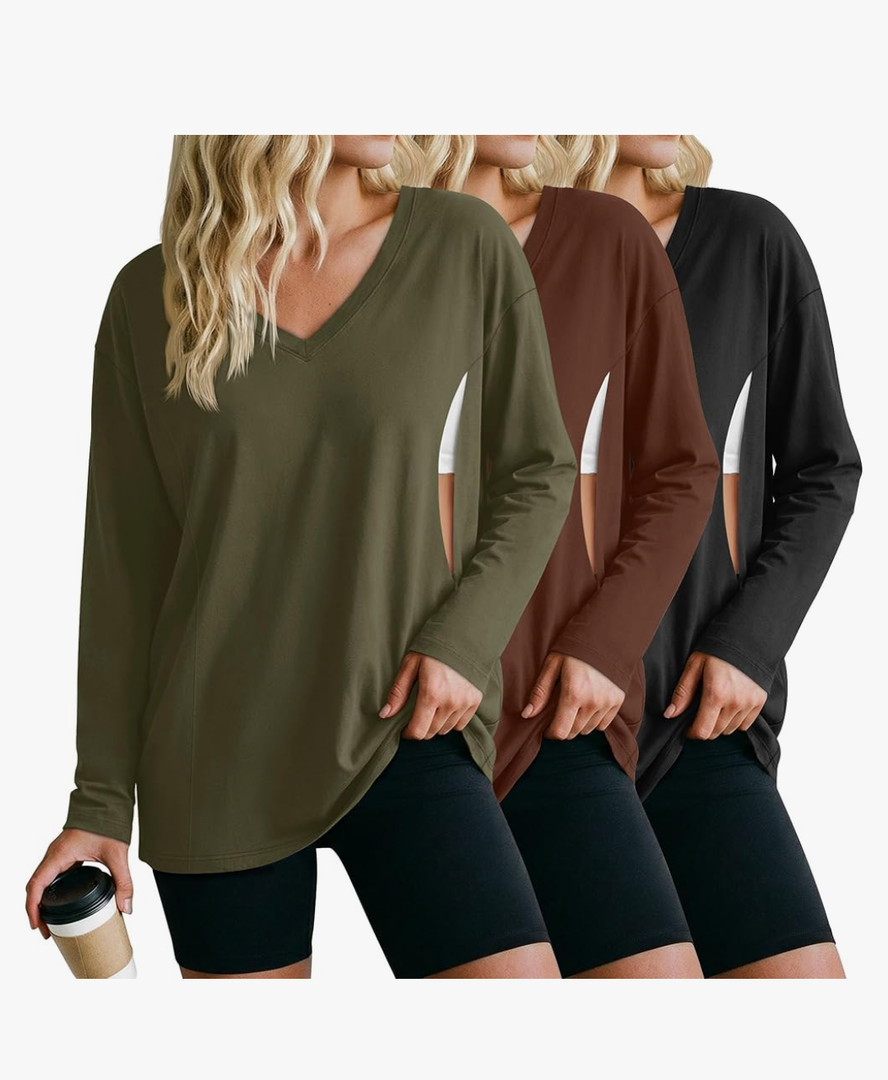 3 Pack Women's Oversize Nursing Shirts for Breastfeeding with Hidden Zippers Loose Fit Long Sleeve Maternity Tops, M