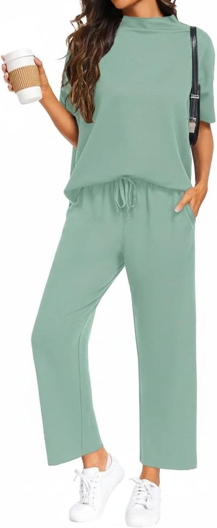 PrinStory Womens 2 Piece Lounge Sets Casual Outfits Pullover Top and Wide Leg Pants Matching Pjs Soft Pajamas Loungewear (L)