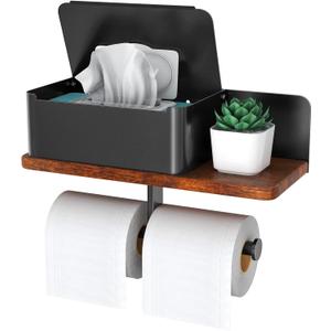 Toilet Paper Holder with Shelf Double Roll Toilet Tissue Holder with Wipes Dispenser for Bathroom, Metal and Solid Wood Tissue Paper Roll Wall Mount Storage Aromatherapy, Phone Shelf, Black